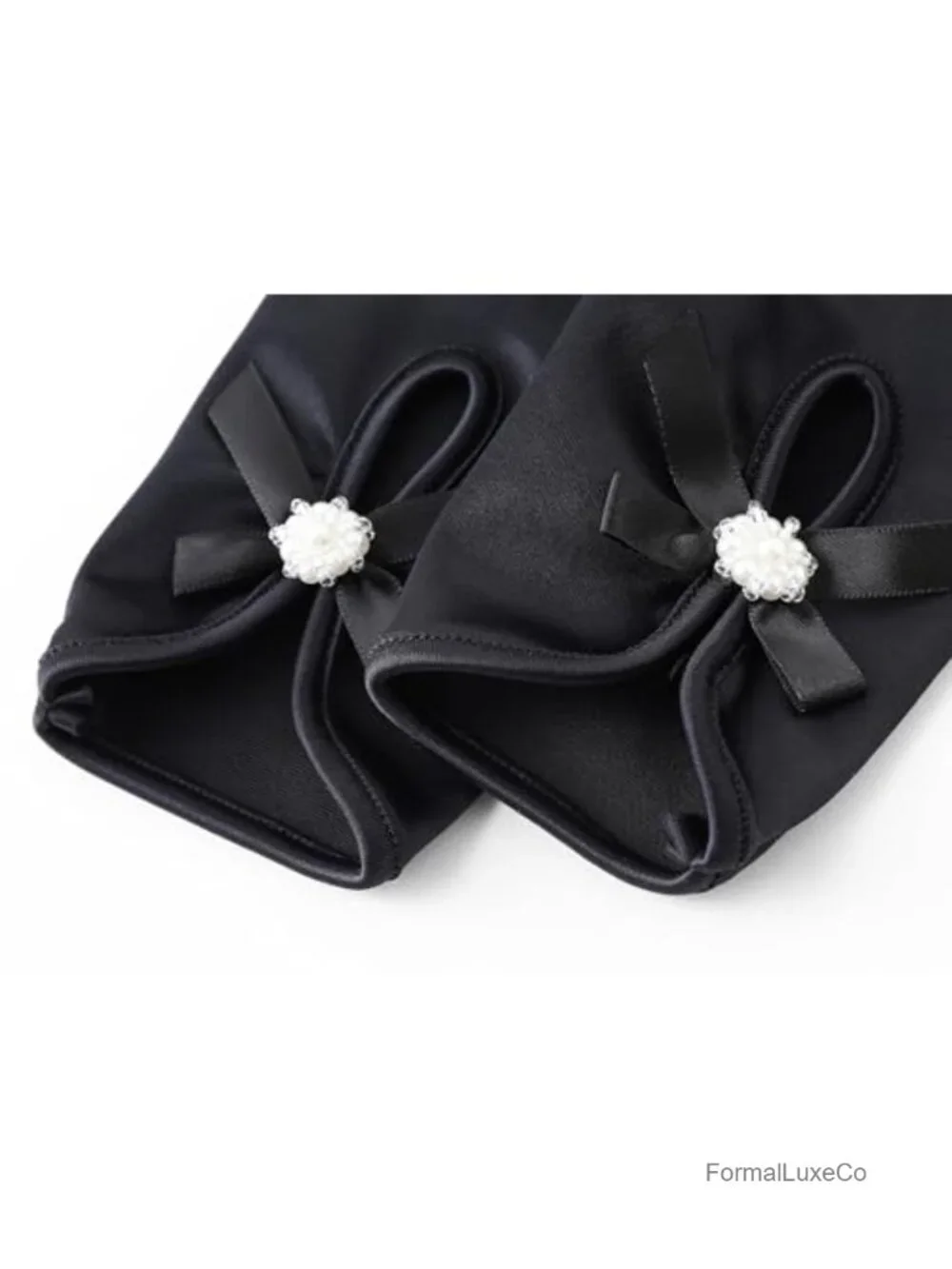 Satin Gloves for Women - Short Prom Gloves with Pearl Flower Cuff - Wedding Tea
